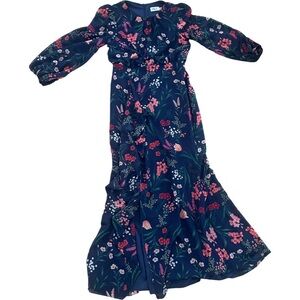 Eliza J Navy Blue Maxi Gown with Long Bishop Sleeves and Ruffled Skirt